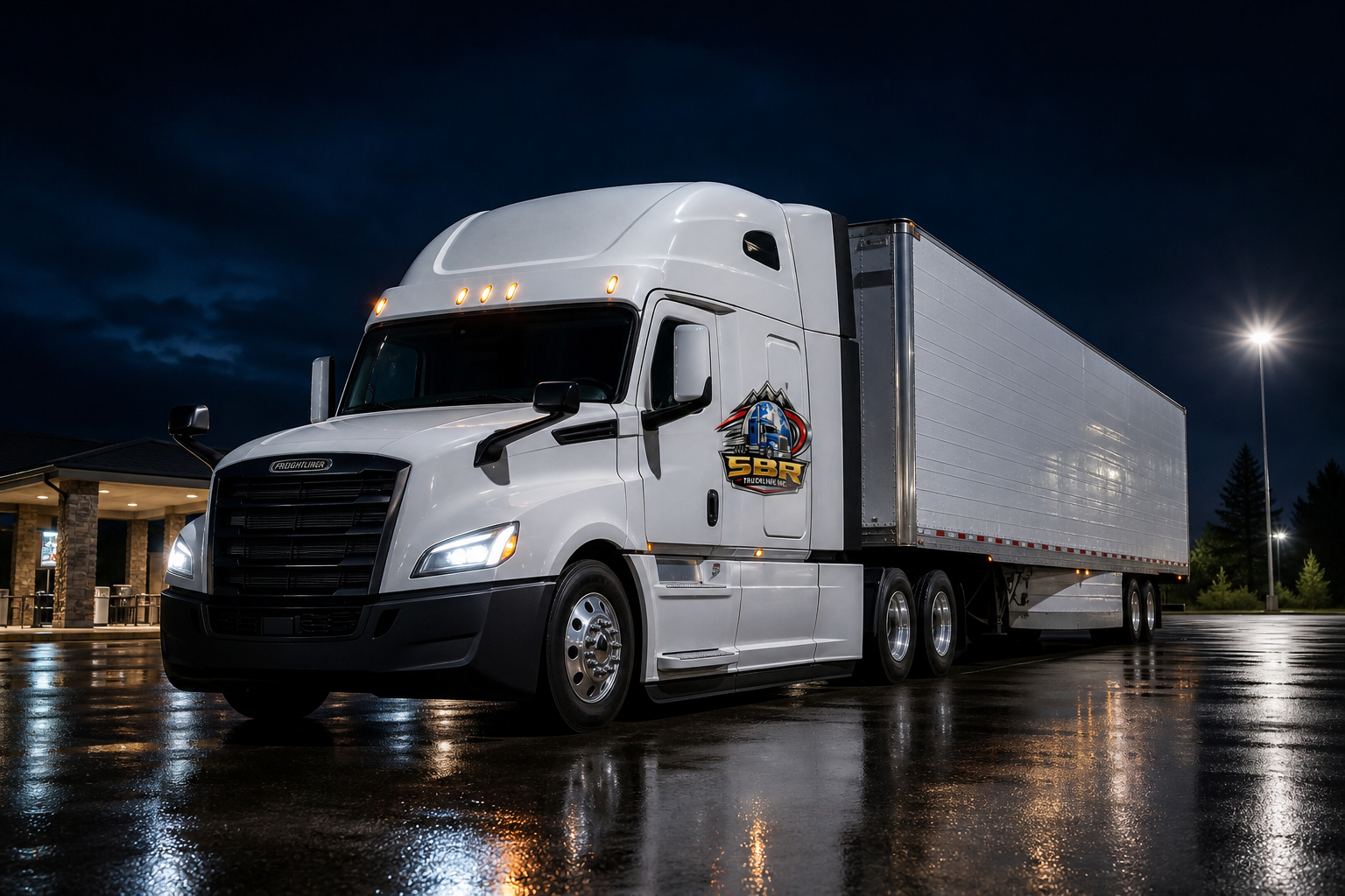 White SBR truck at a highway rest area at night