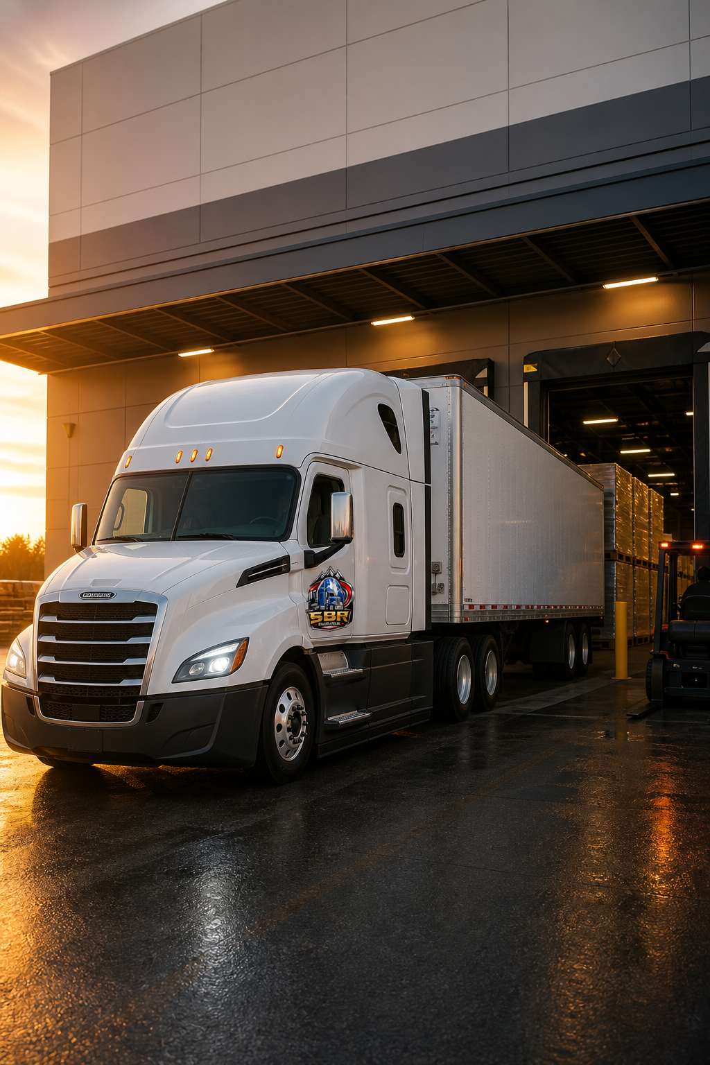 White SBR Freightliner positioned beside a warehouse loading dock